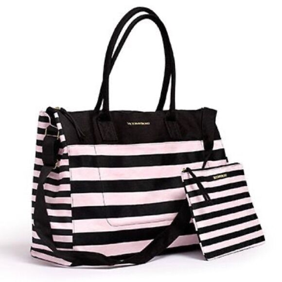 Victoria's Secret Handbags - NWOT Victoria's Secret WEEKEND TRAVEL TOTE BAG & COSMETICS BAG PINK STRIPE